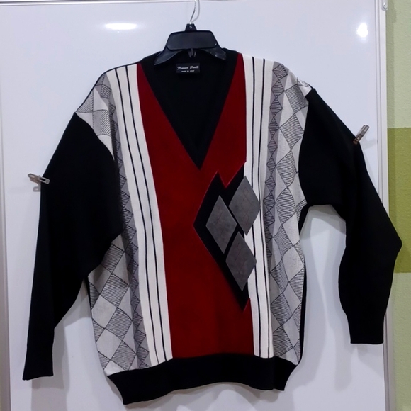 Franco Ponti Vtg Men's XL geo-color block Vneck Wool/Acrylic Sweater - Picture 1 of 13